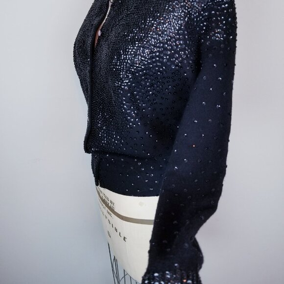 Vintage 1950's Black Sequin & Beaded Lambswool Angora Sparkly Cardigan * Med/Lrg - Picture 5 of 9